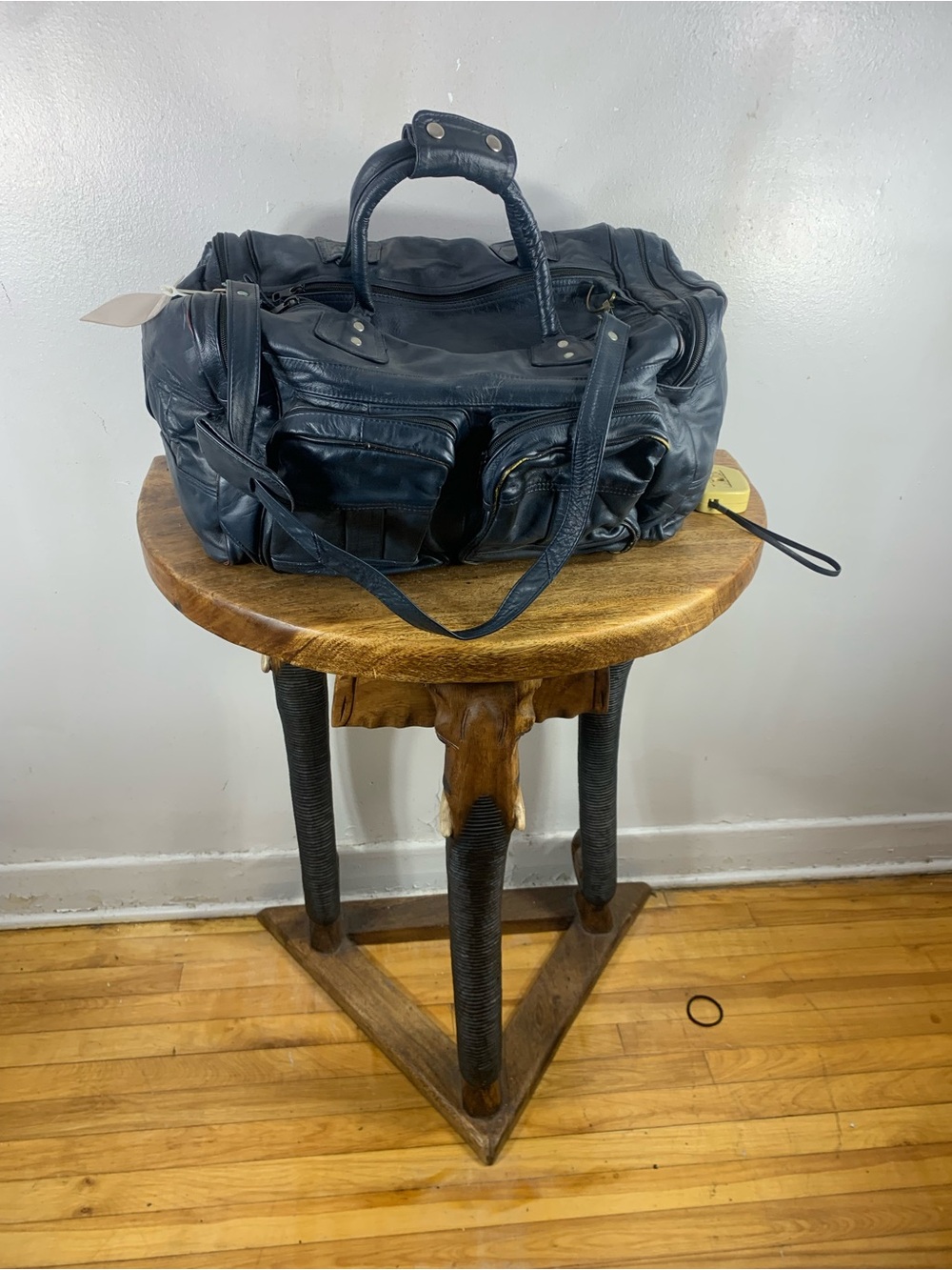 Vintage genuine leather navy blue travel duffel weekender multi pocket